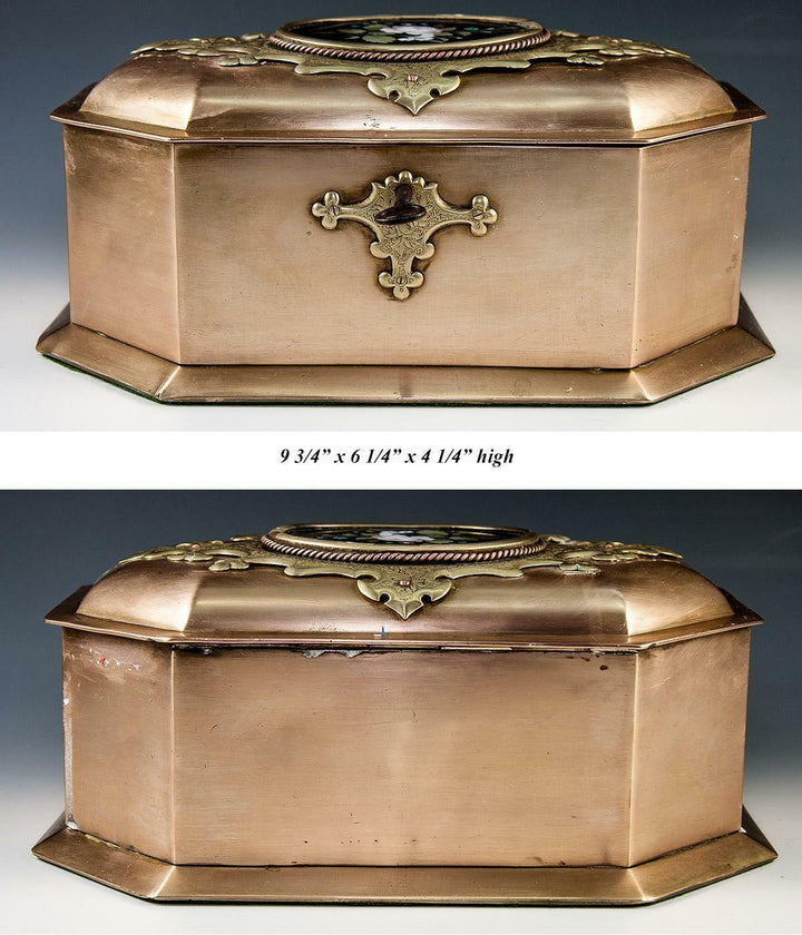 RARE Antique Heavy Italian Jewelry Box, 9.25" Casket, Pietra Dura Plaque c.1850