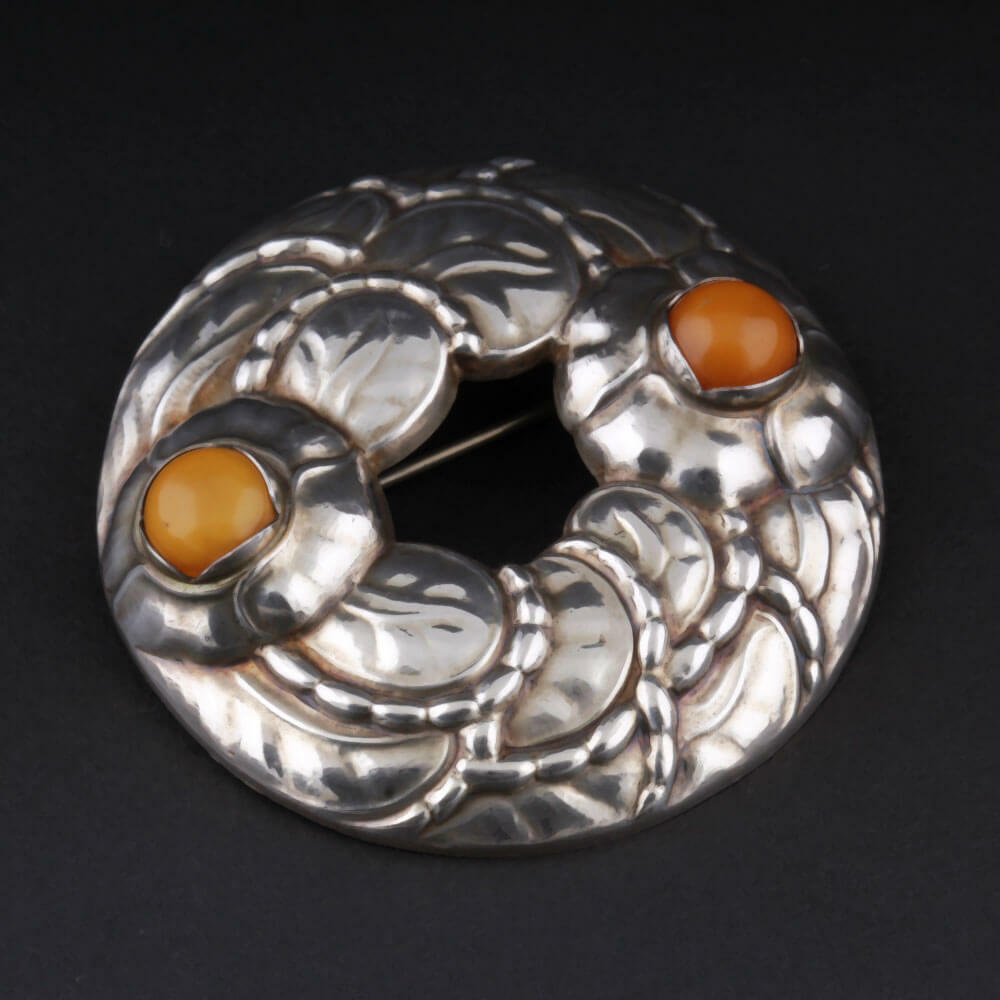 Georg Jensen Sterling Brooch # 42 with Amber. Design: GJ himself. VERY RARE.