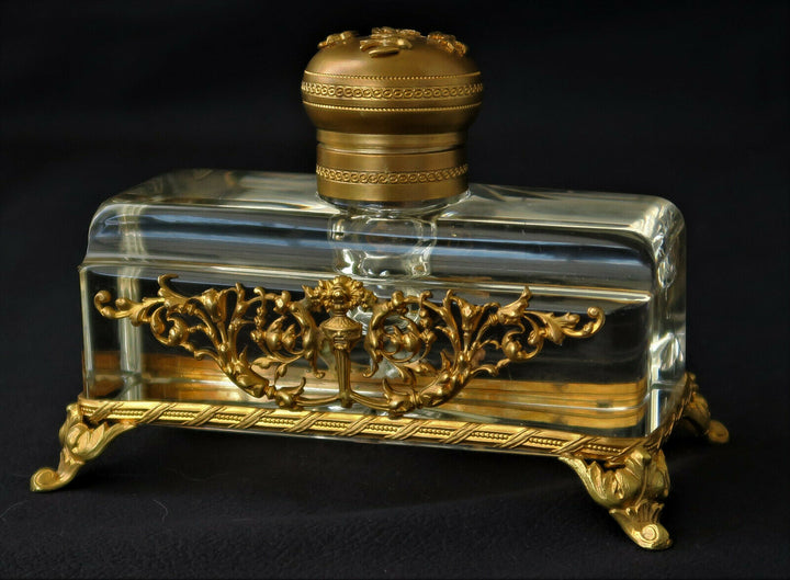 Encrier EMPIRE Bronze Doré Cristal Baccarat Hirondelles Vase Fleuri XIXème