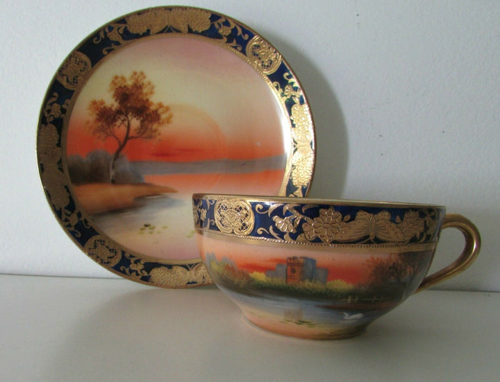 ANTIQUE NORITAKE ART DECO CHINA PORCELAIN GILDED SCENIC PAINTED TEA CUP & SAUCER