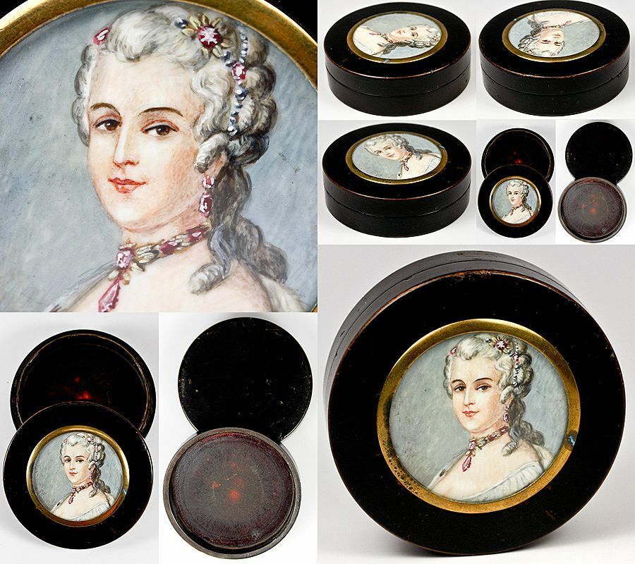Fine Antique French Snuff Box, Hand Painted Portrait Miniature, Jewelry Interest