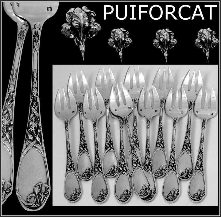 Puiforcat Fabulous French All Sterling Silver Oyster Forks 12 pc Iris Pattern