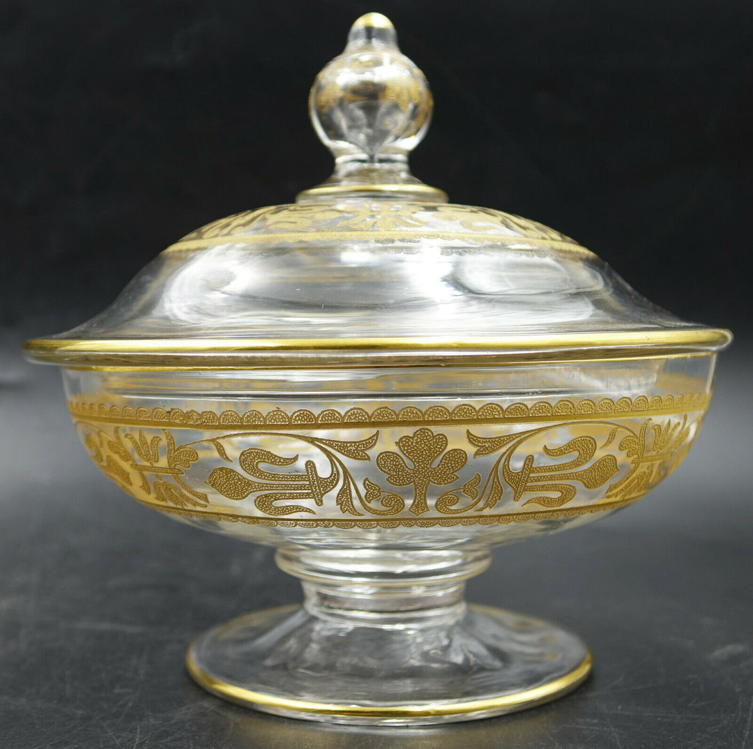 French Baccarat Covered Candy Bowl & Plate Gold Encrusted Fleur De Lys 1907