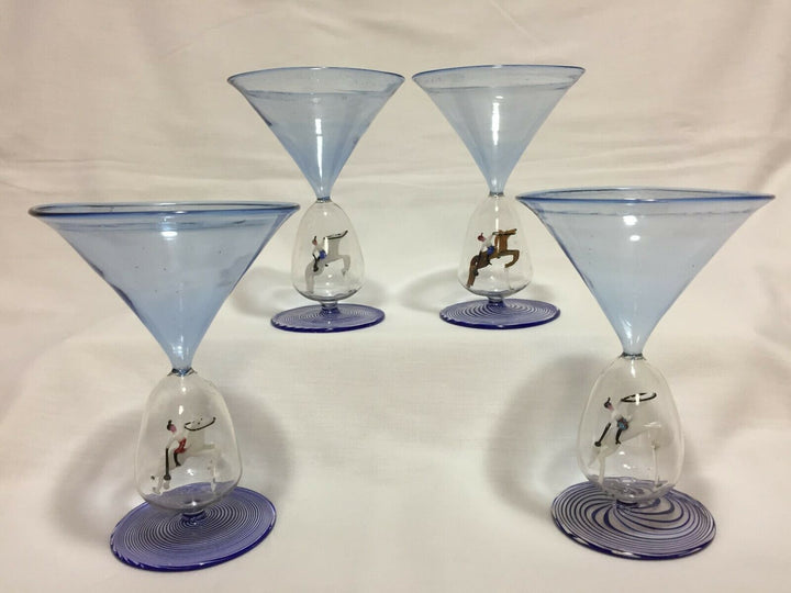 Bimini glass goblets, set of 4, polo riders, collectible, rare, art glass