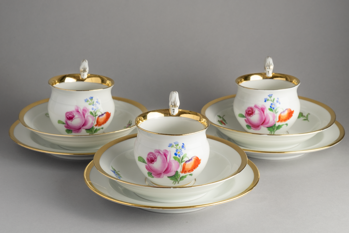 マイセン(Meissen)　カップ・ソーサー・プレート　ピンクローズ　クナウフ期　1級品