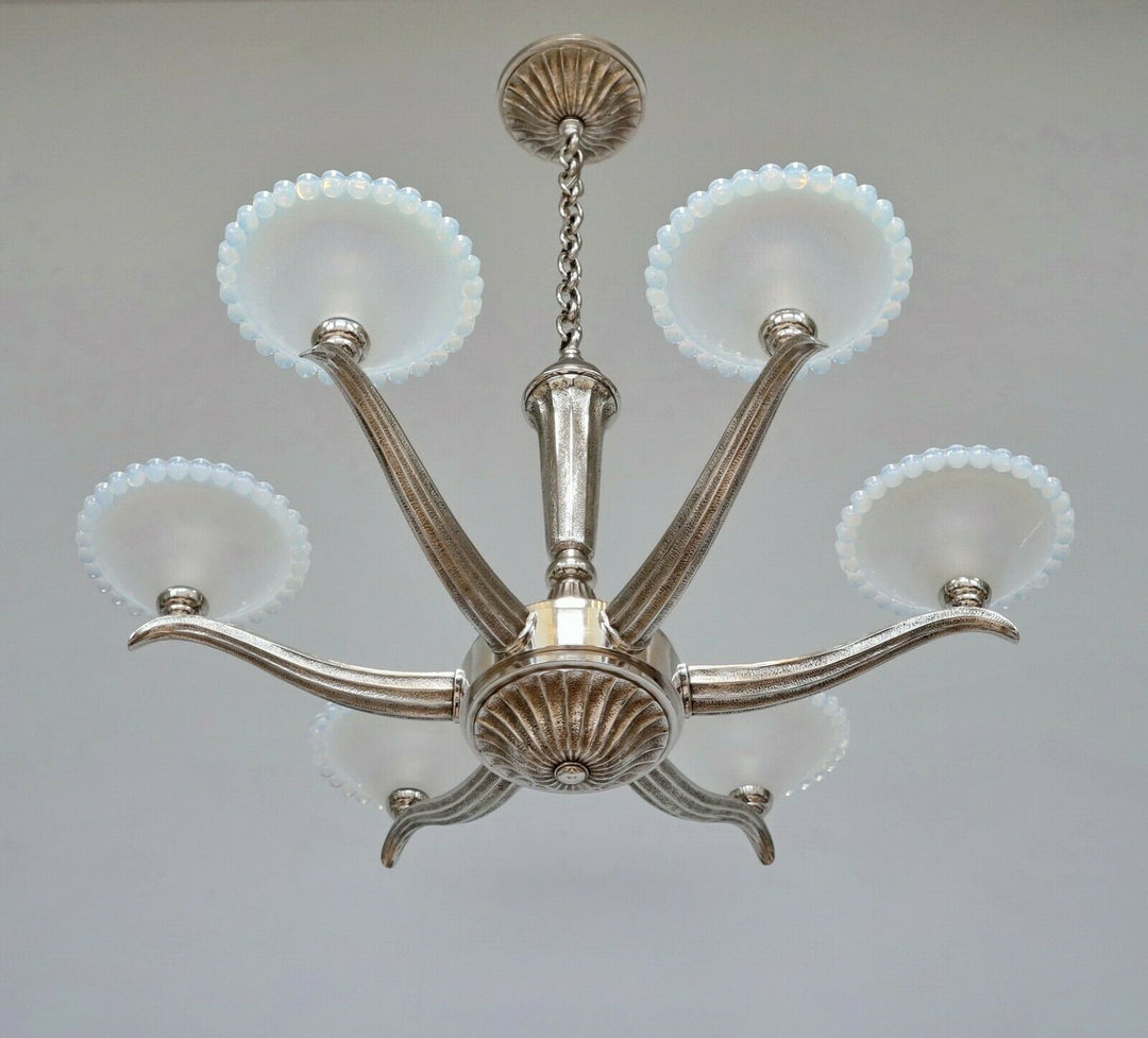 EZAN EJG J.GAUTHIER : LARGE FRENCH OPALESCENT ART DECO CHANDELIER ... 1930 1935