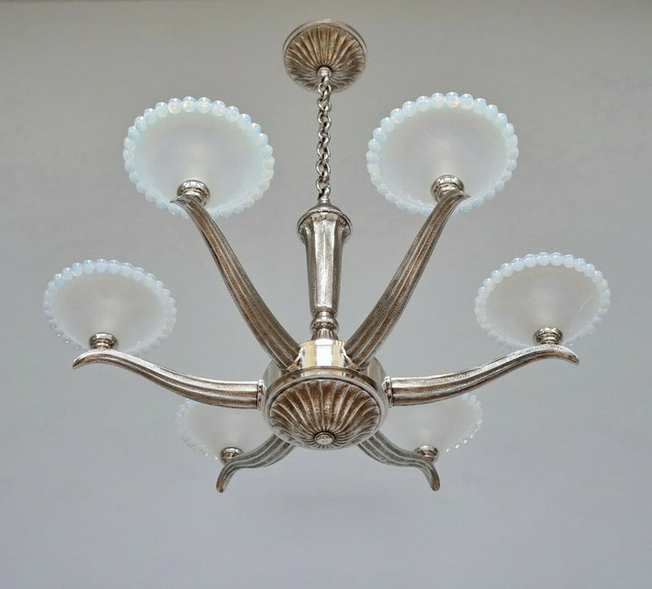EZAN EJG J.GAUTHIER : LARGE FRENCH OPALESCENT ART DECO CHANDELIER ... 1930 1935