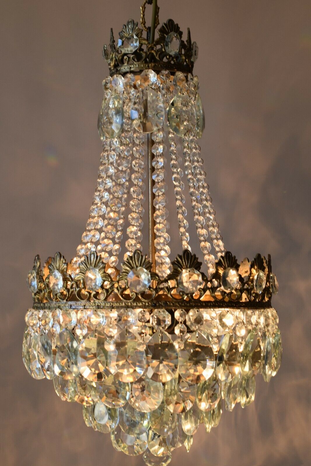 Original Vintage Crystal Chandelier, Antique Lighting, 1950s Pendant, Light,Lamp