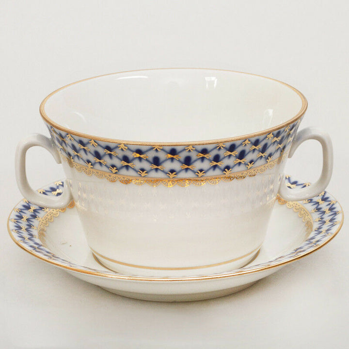 インペリアルポーセリン  スープボウル ＆  受け皿  ロモノーソフ  本物  コバルトネット