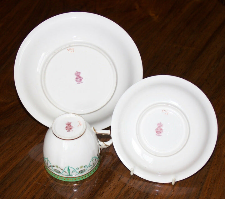 MINTON PORCELAIN TRIO - 1889 MARK - GREEN, GILT AND BLUE ENAMEL SWAGGING ETC.