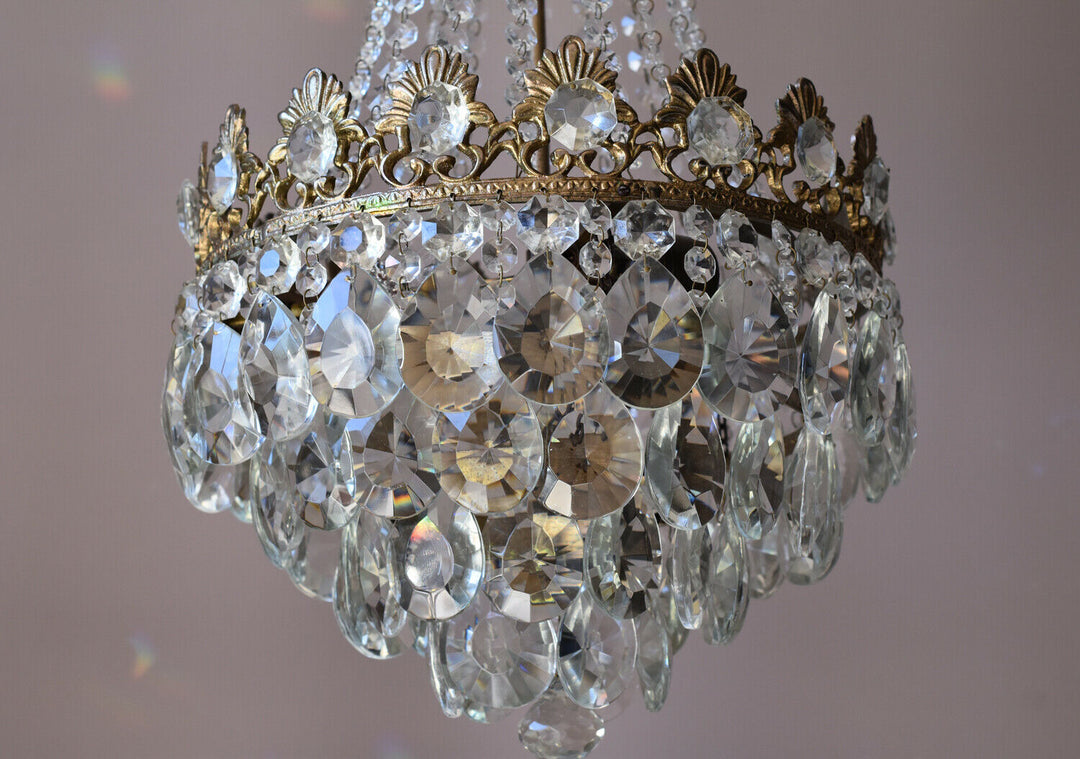 Original Vintage Crystal Chandelier, Antique Lighting, 1950s Pendant, Light,Lamp