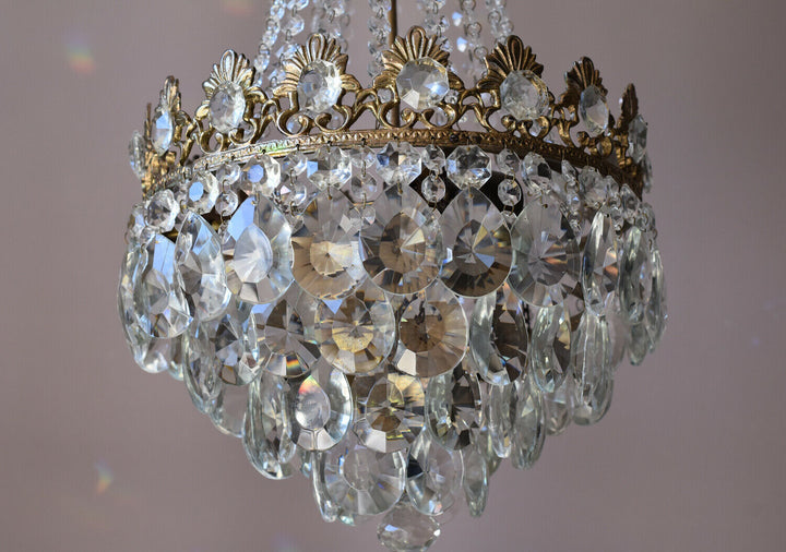 Original Vintage Crystal Chandelier, Antique Lighting, 1950s Pendant, Light,Lamp