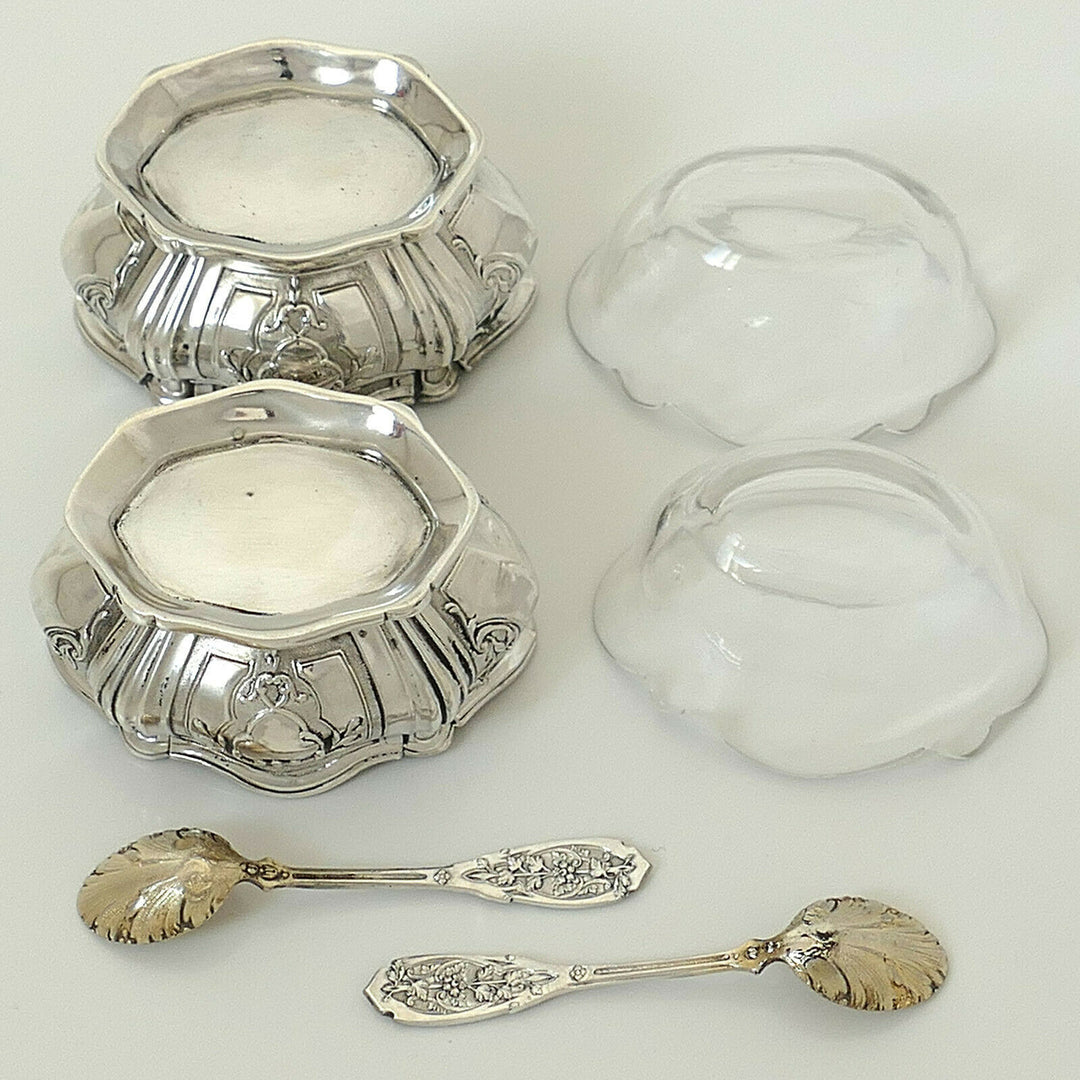 Puiforcat French Sterling Silver Salt Cellars Pair, Spoons, Box,