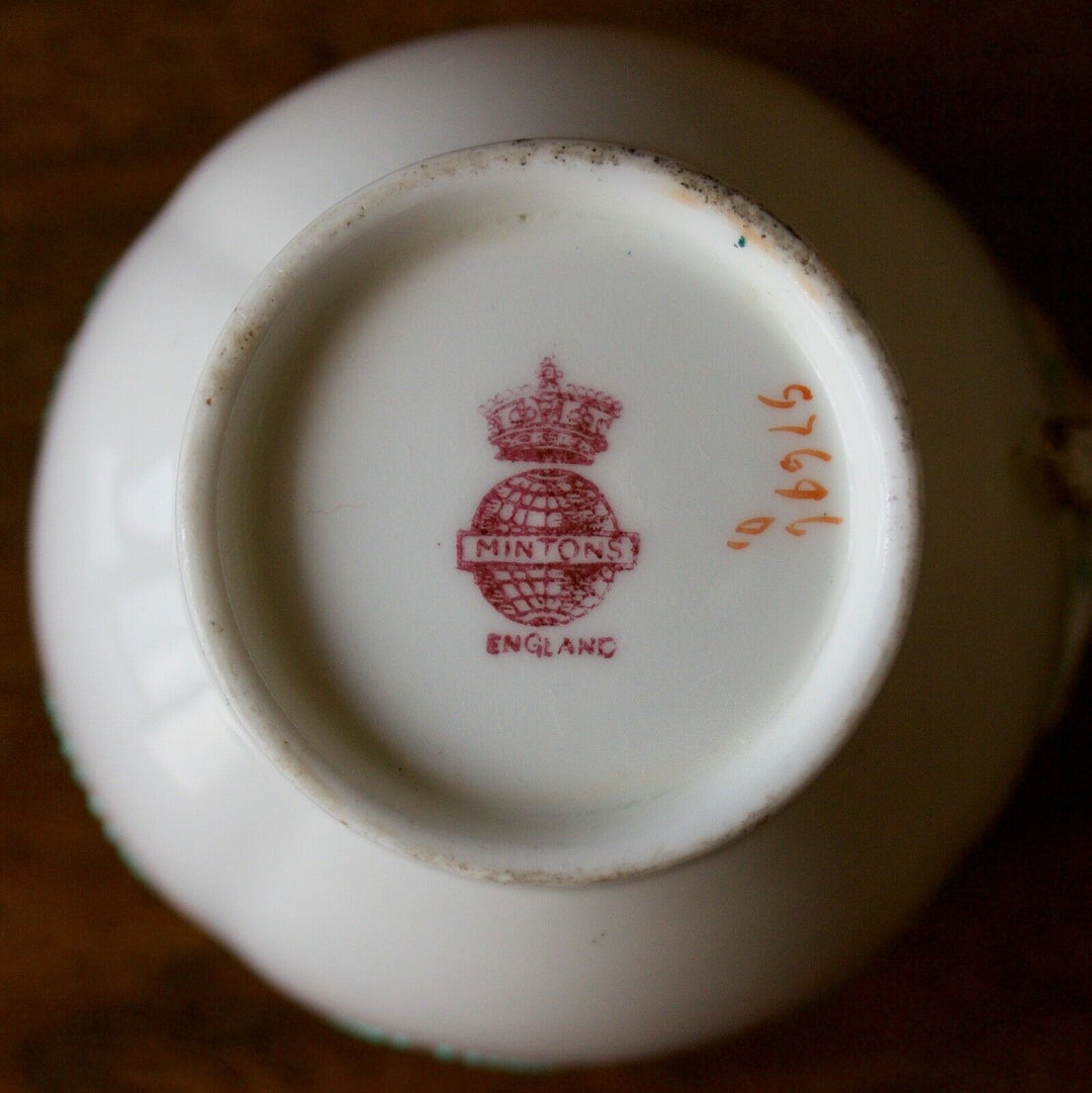 MINTON PORCELAIN TRIO - 1889 MARK - GREEN, GILT AND BLUE ENAMEL SWAGGING ETC.