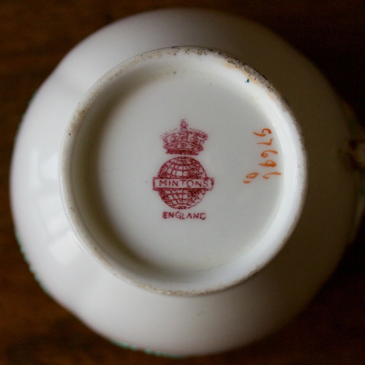 MINTON PORCELAIN TRIO - 1889 MARK - GREEN, GILT AND BLUE ENAMEL SWAGGING ETC.