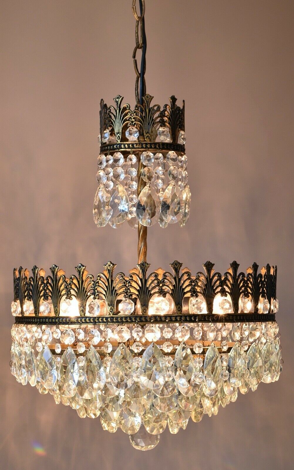 Brass Vintage Crystal Chandelier, Antique Lighting, lamp, Ceiling Light Pendant