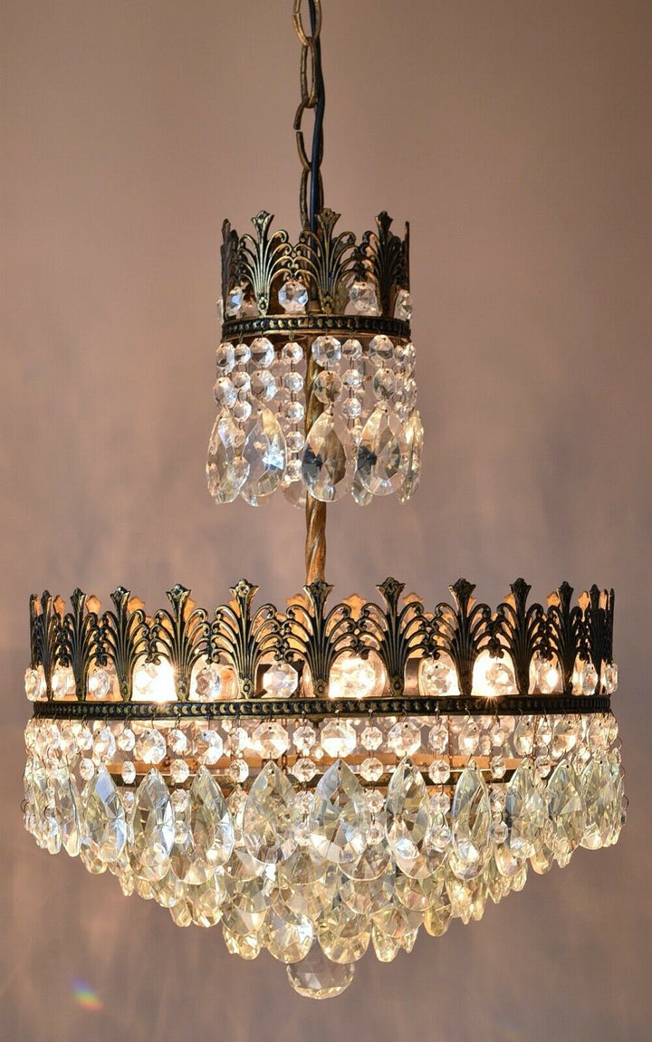 Brass Vintage Crystal Chandelier, Antique Lighting, lamp, Ceiling Light Pendant