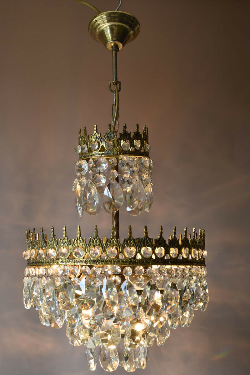 Original Vintage Crystal Chandelier, Antique Lighting, Wedding Bridal Lamp Light