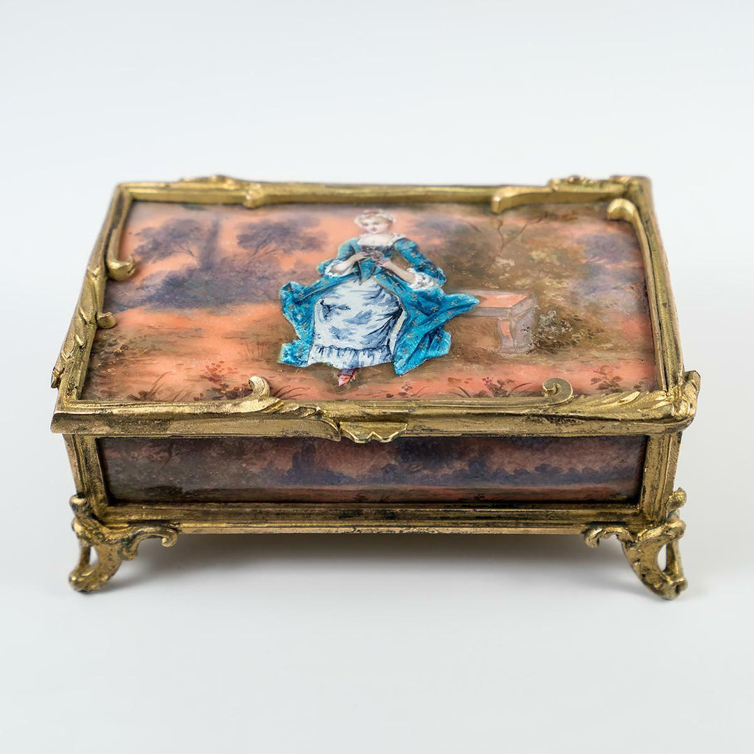 Rare Antique French Kiln-fired Enamel Jewelry box, Chocolatier's Signature