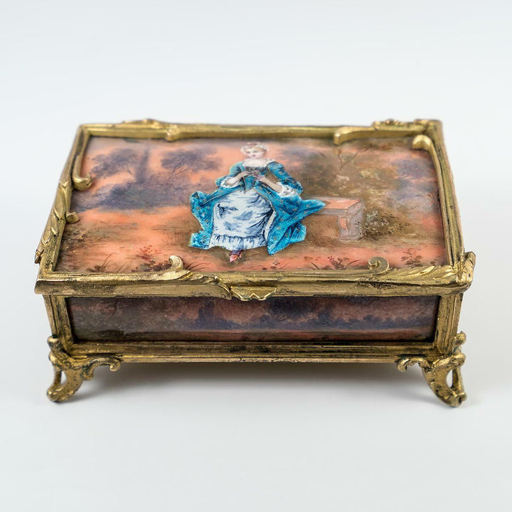 Rare Antique French Kiln-fired Enamel Jewelry box, Chocolatier's Signature