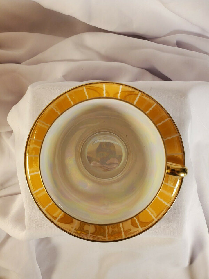 Noritake Teacup & Saucer Iridescent Lusterware Orange & White w/ Gold Trim Japan