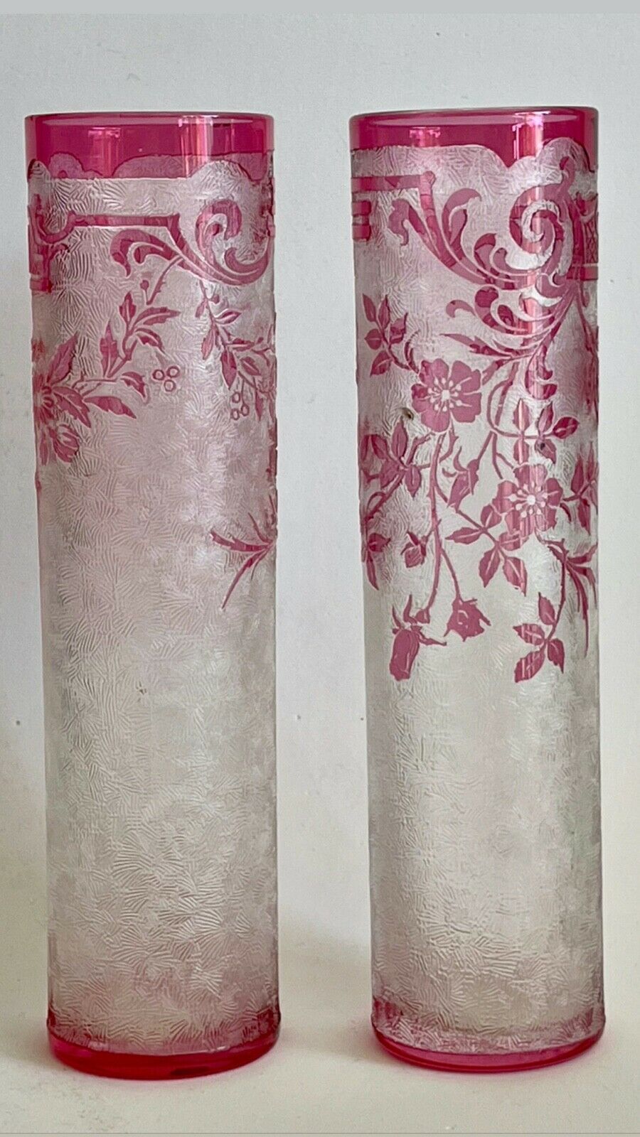 Val Saint Lambert Antique Original crystal Cameo Acid Enamel Vases VSL Baccarat