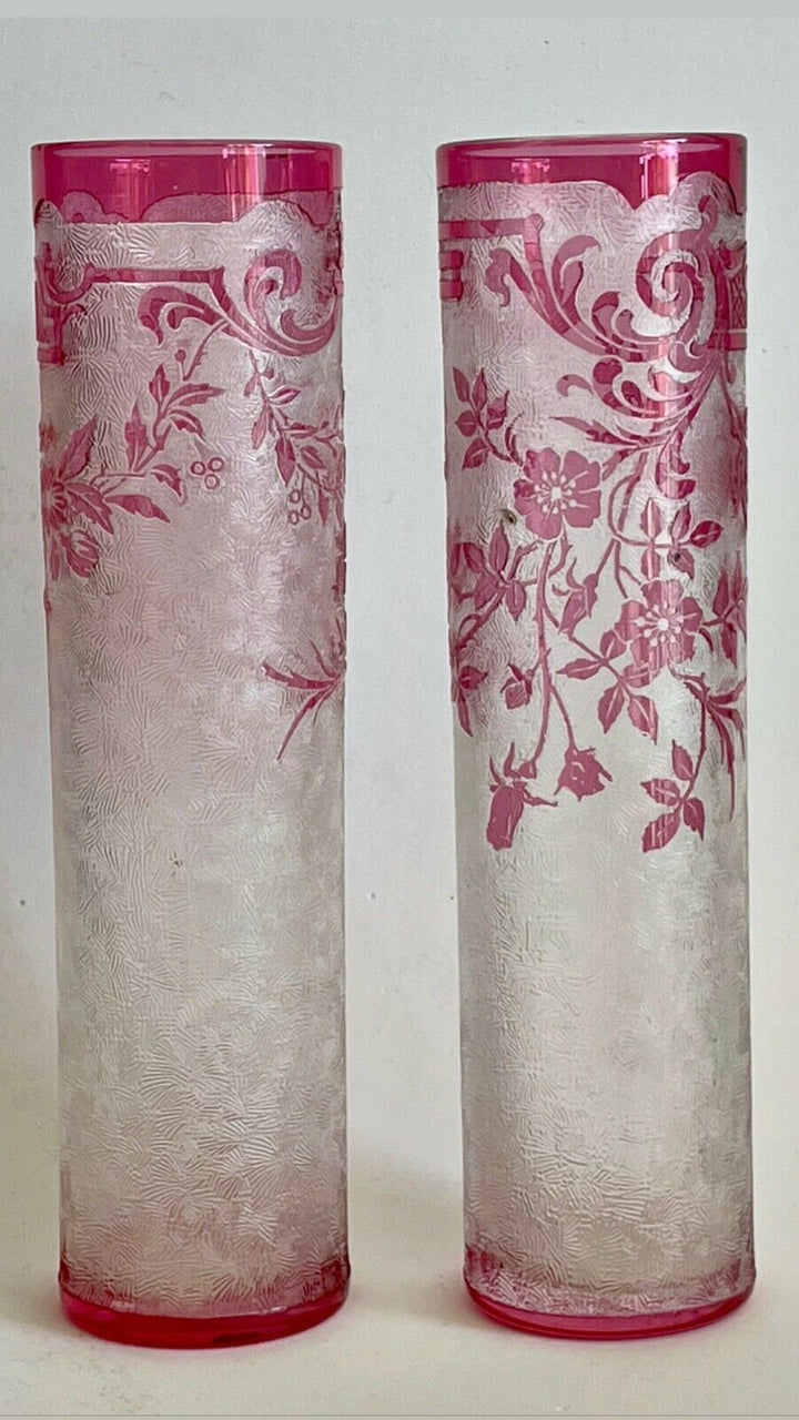 Val Saint Lambert Antique Original crystal Cameo Acid Enamel Vases VSL Baccarat