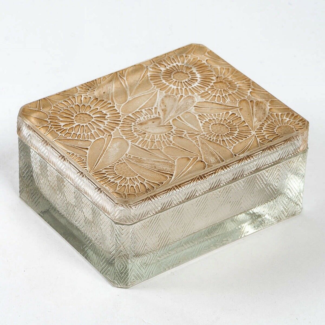 Boite Zinnias Verre Patiné Sépia René Lalique Stained Flowers Box Jar R.Lalique