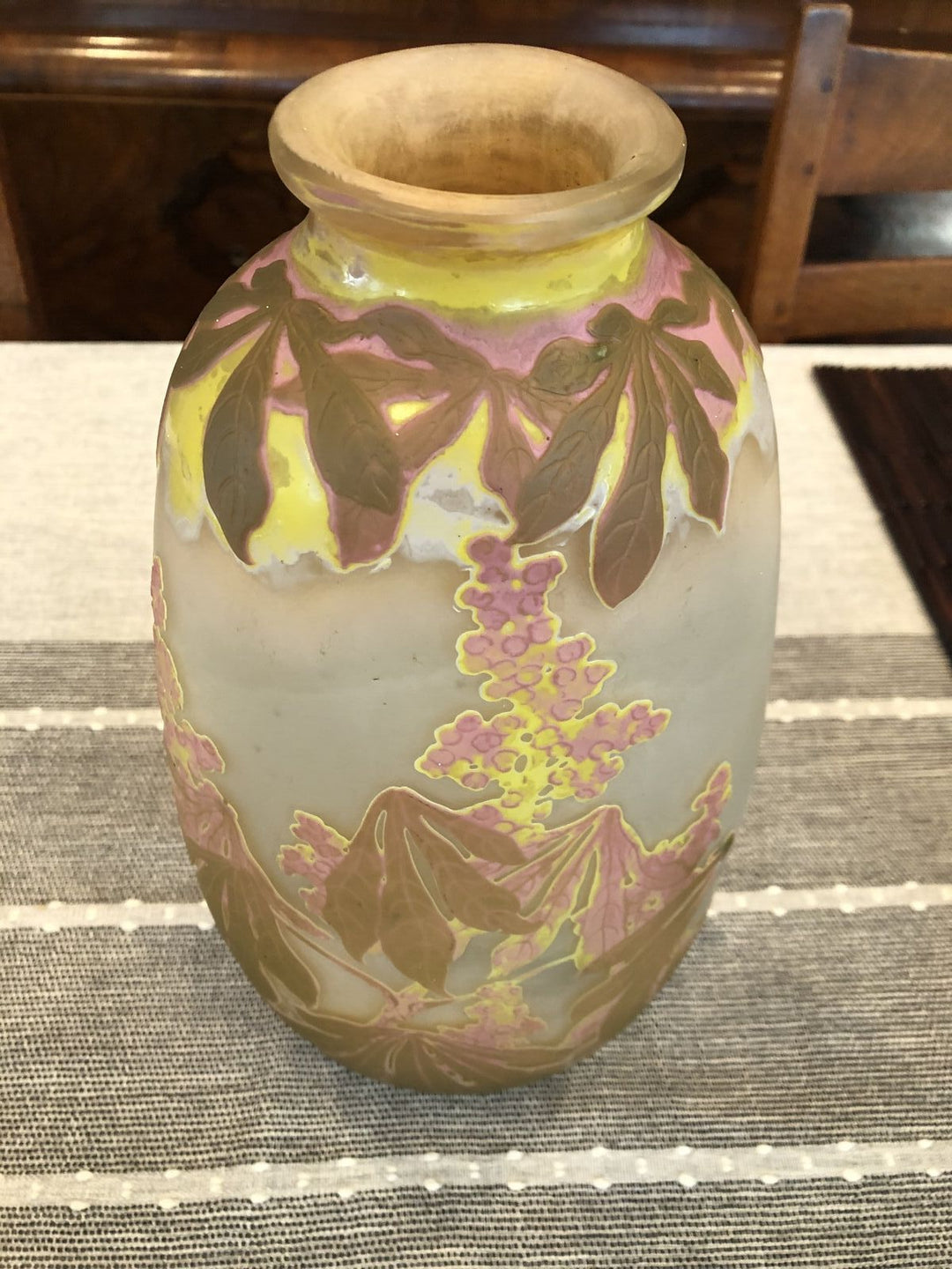 エミールガレ アールヌーボー大型花瓶 植物とピンクの花のデザイン 1905年製