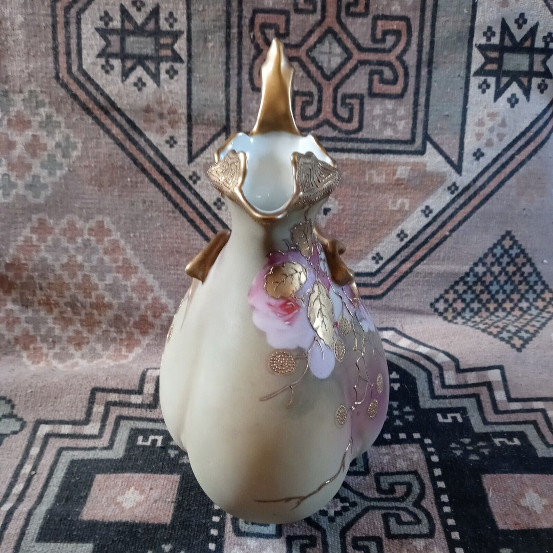 オールドノリタケ　メイプルリーフ印　ピンクローズと金彩の水差し