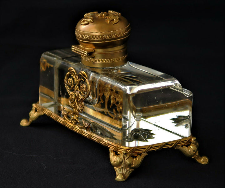 Encrier EMPIRE Bronze Doré Cristal Baccarat Hirondelles Vase Fleuri XIXème