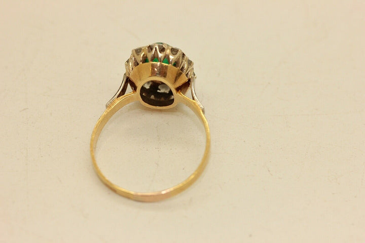 アンティーク オリジナル 18K ナチュラルダイヤモンドとエメラルドのロシアンリング