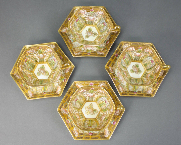 Nippon Hand Painted Embellished Gold Moriage Floral Tea Cups Saucers Rare Set 4