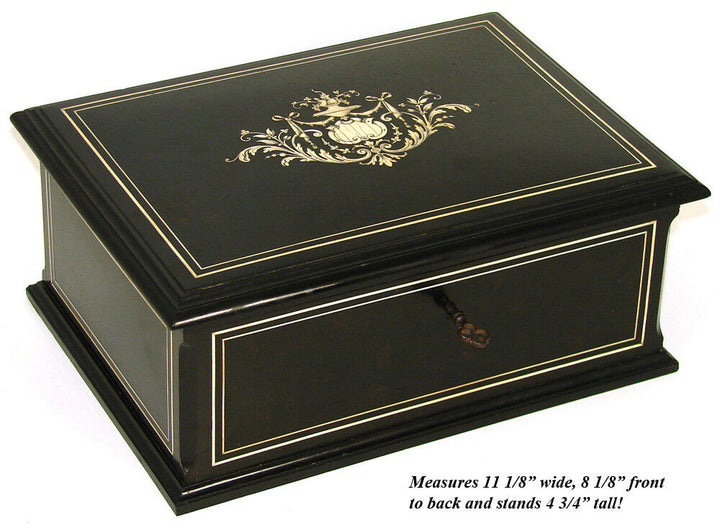 Elegant Antique French 11" Jewelry or Desk Box, Ebony Marquetry & Ornate Inlay