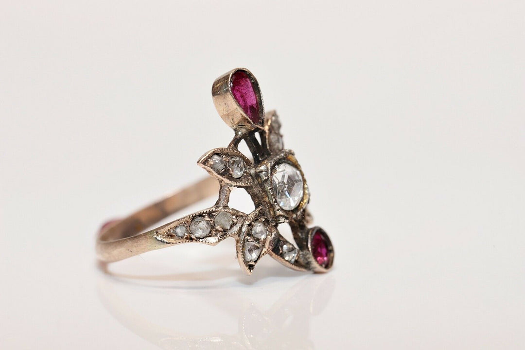 アンティーク 8K ナチュラルローズカットダイヤモンドとルビーのオスマンリング