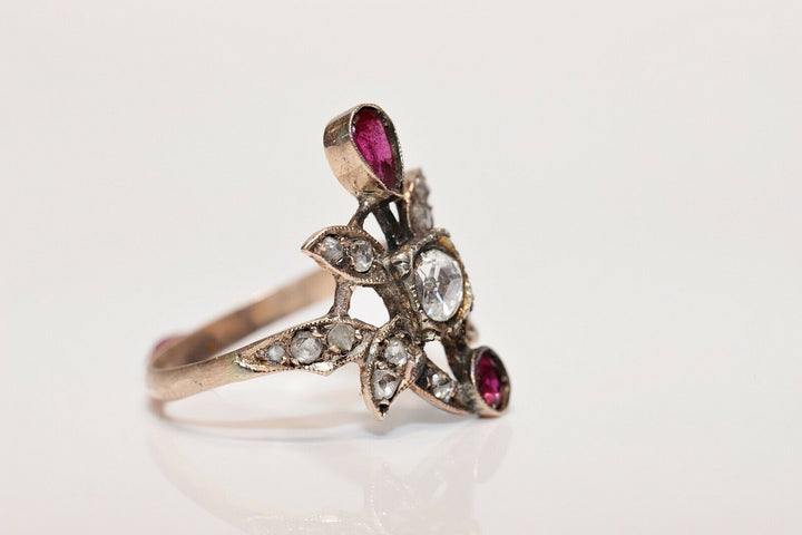 アンティーク 8K ナチュラルローズカットダイヤモンドとルビーのオスマンリング