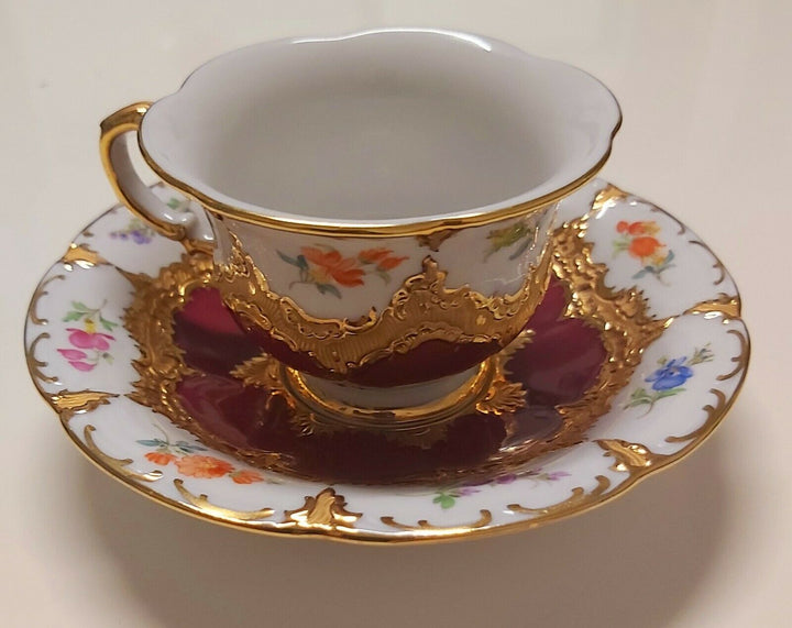 マイセンBフォーム、コーヒー2点セット、花柄と赤釉に金彩