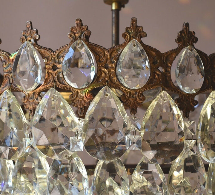 Flush Antique / Vintage Crystal Chandelier, Low Ceiling Chandelier, 1950's lamp