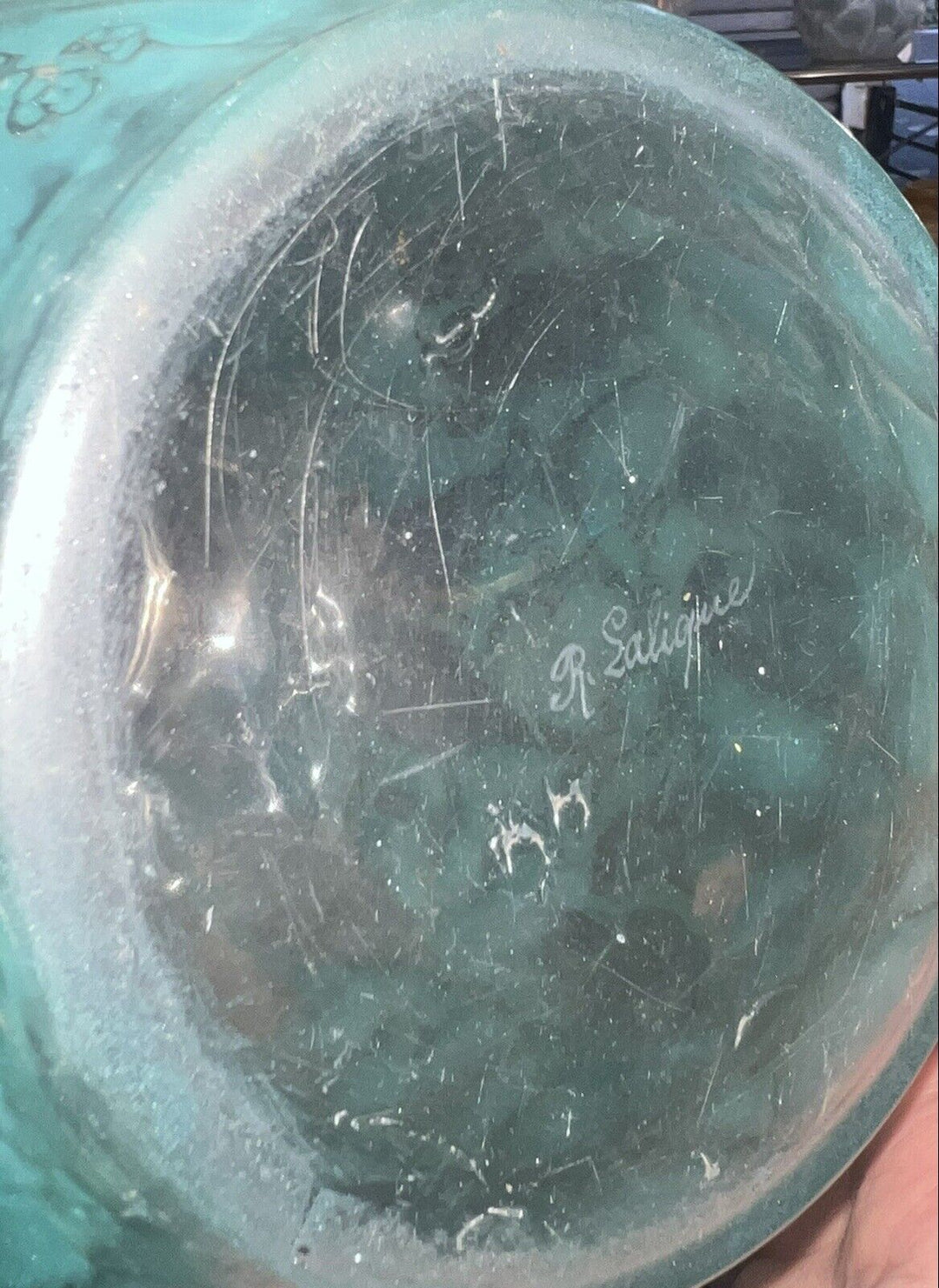 ルネラリック　花瓶　インコ　ガラス製　青緑