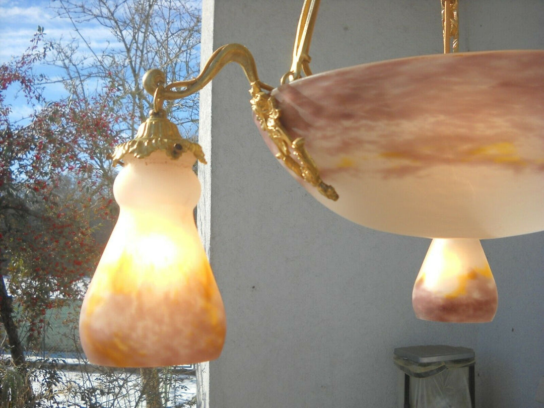 MULLER FRERES ( Croismare ) Deckenlampe Pate de verre Messing