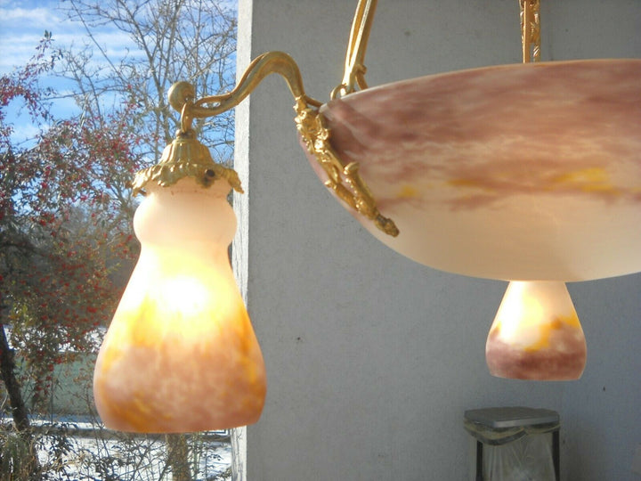 MULLER FRERES ( Croismare ) Deckenlampe Pate de verre Messing