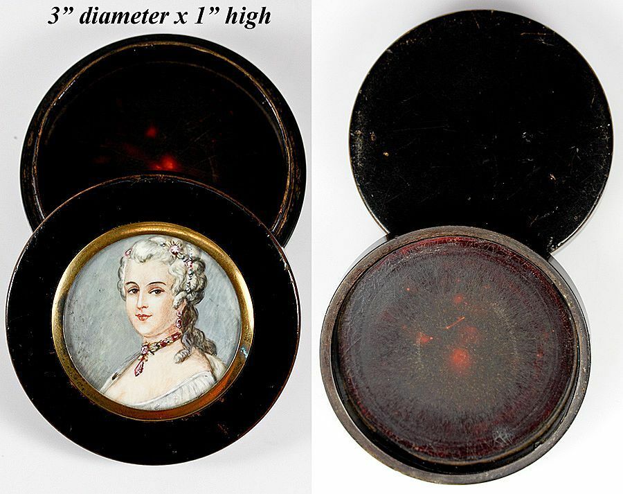 Fine Antique French Snuff Box, Hand Painted Portrait Miniature, Jewelry Interest