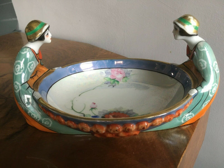 Rare art deco 1930s Noritake Two Sisters Flapper Girls porcelain bowl Green mark