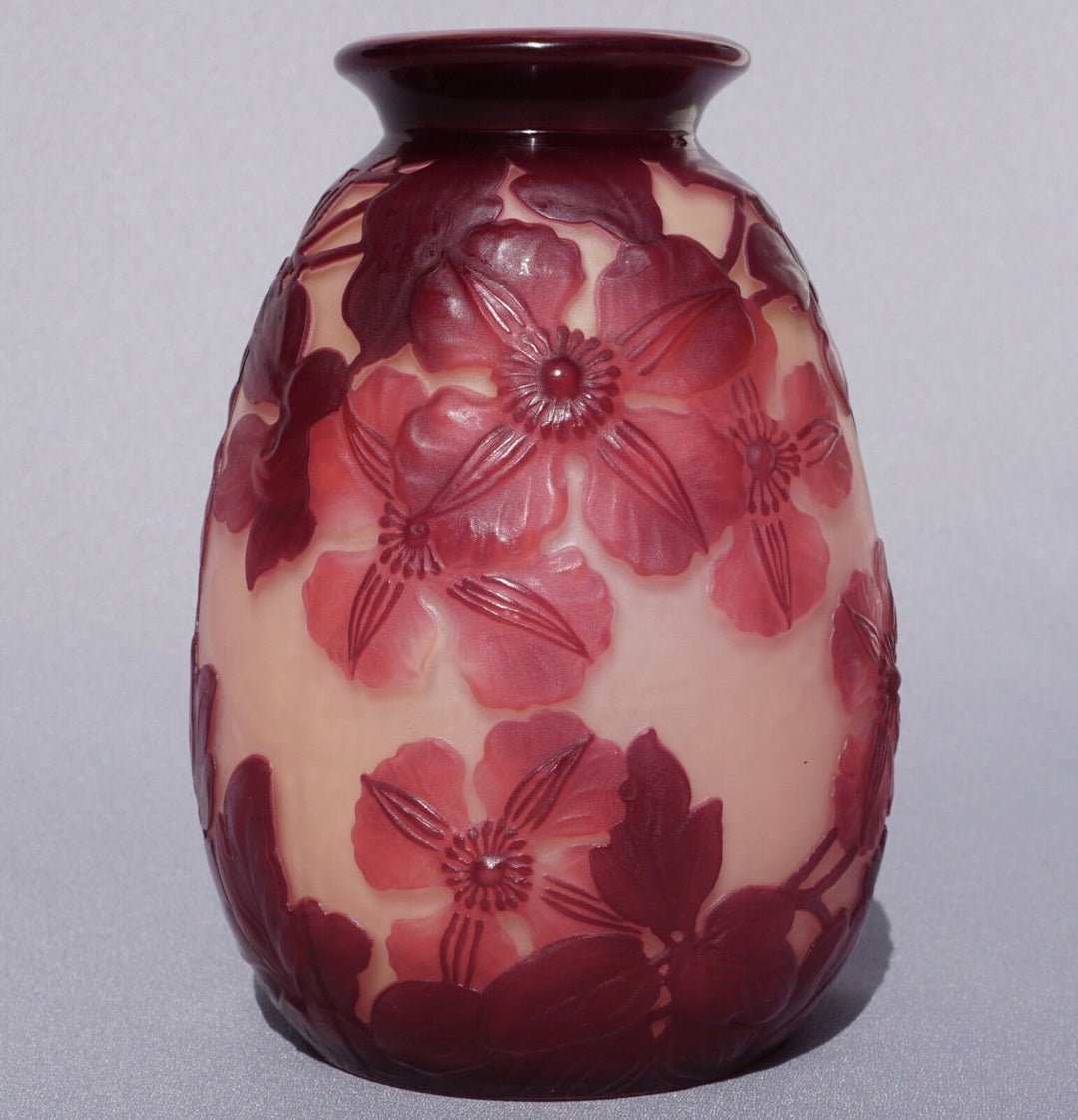 French Emile Galle Blown Out Soufle Vase Red Pink Clematis Flowers