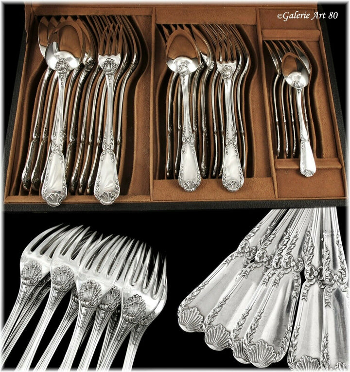 PUIFORCAT : Ménagère pour 6 convives en Argent massif mod. POMPADOUR Coffret