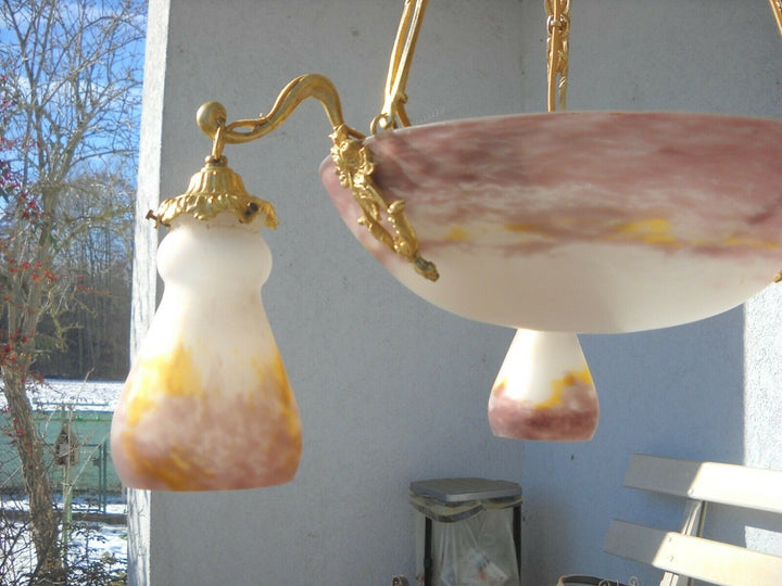 MULLER FRERES ( Croismare ) Deckenlampe Pate de verre Messing