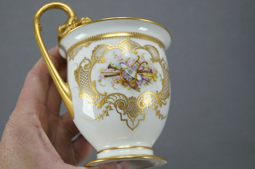 Sevres Hand Painted Courting Couple & Raised Gold Oversized Cup & Saucer C. 1889