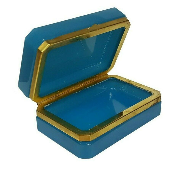 Blue Opaline Glass Jewelry Box / Trinket Box | Rectangular | Brass Frame | Italy