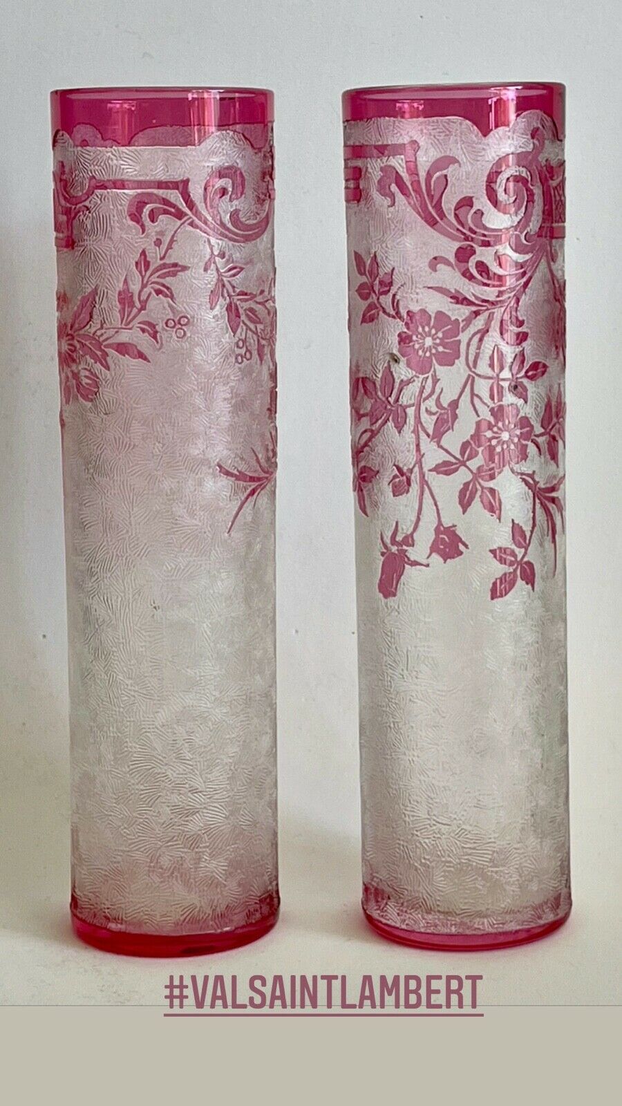 Val Saint Lambert Antique Original crystal Cameo Acid Enamel Vases VSL Baccarat