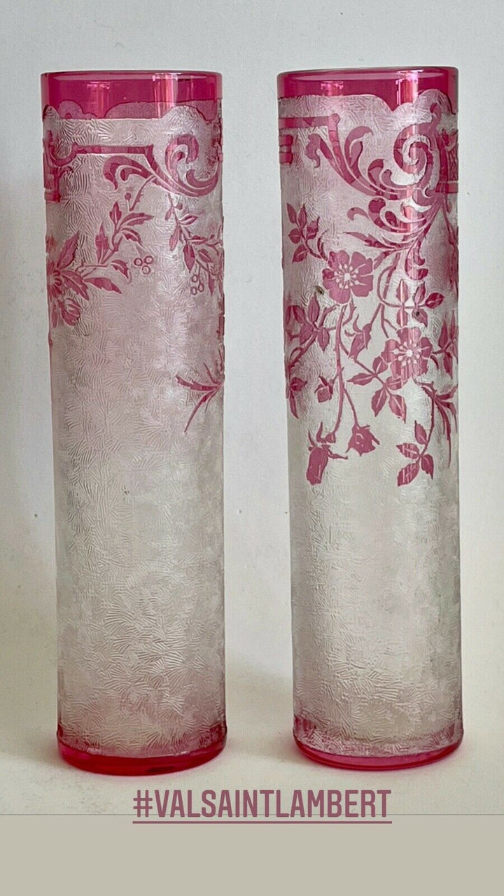 Val Saint Lambert Antique Original crystal Cameo Acid Enamel Vases VSL Baccarat